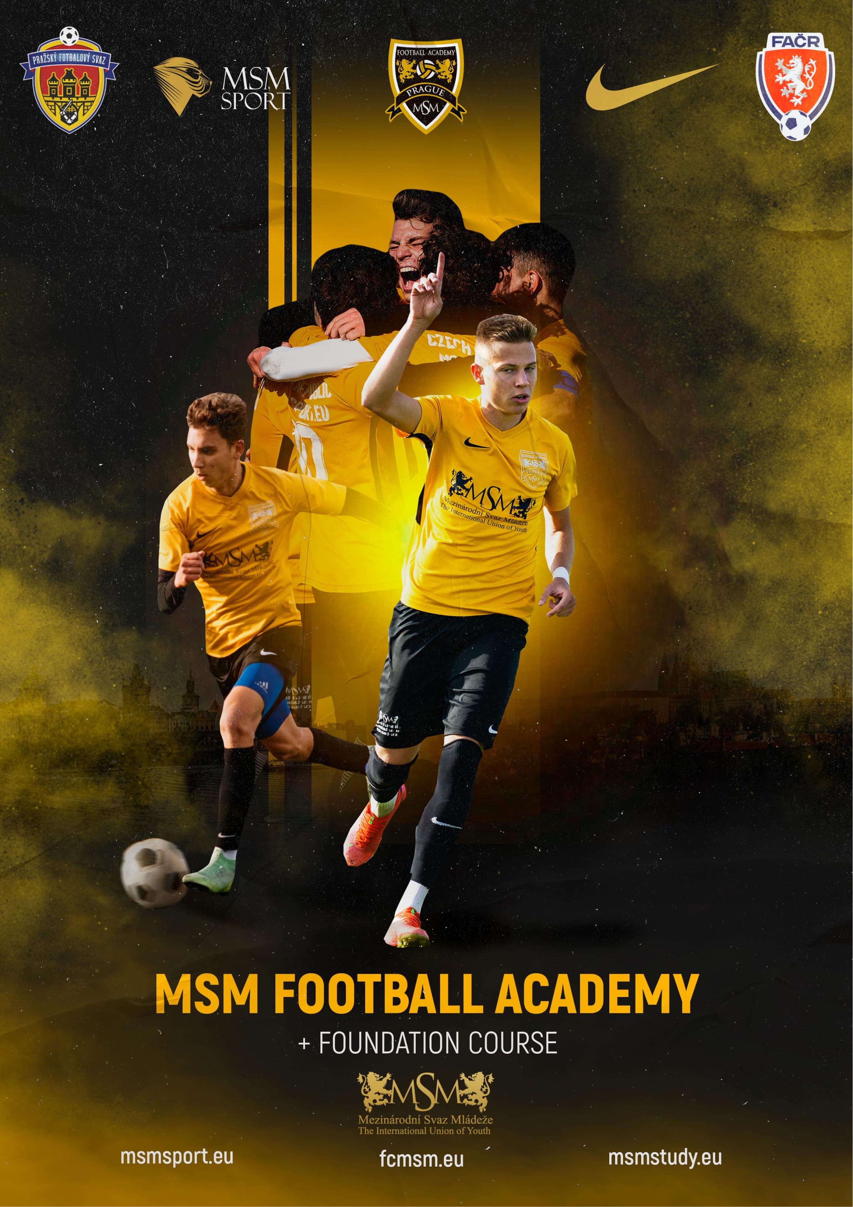 MSM Football Academy and Foundation Course poster with players in yellow