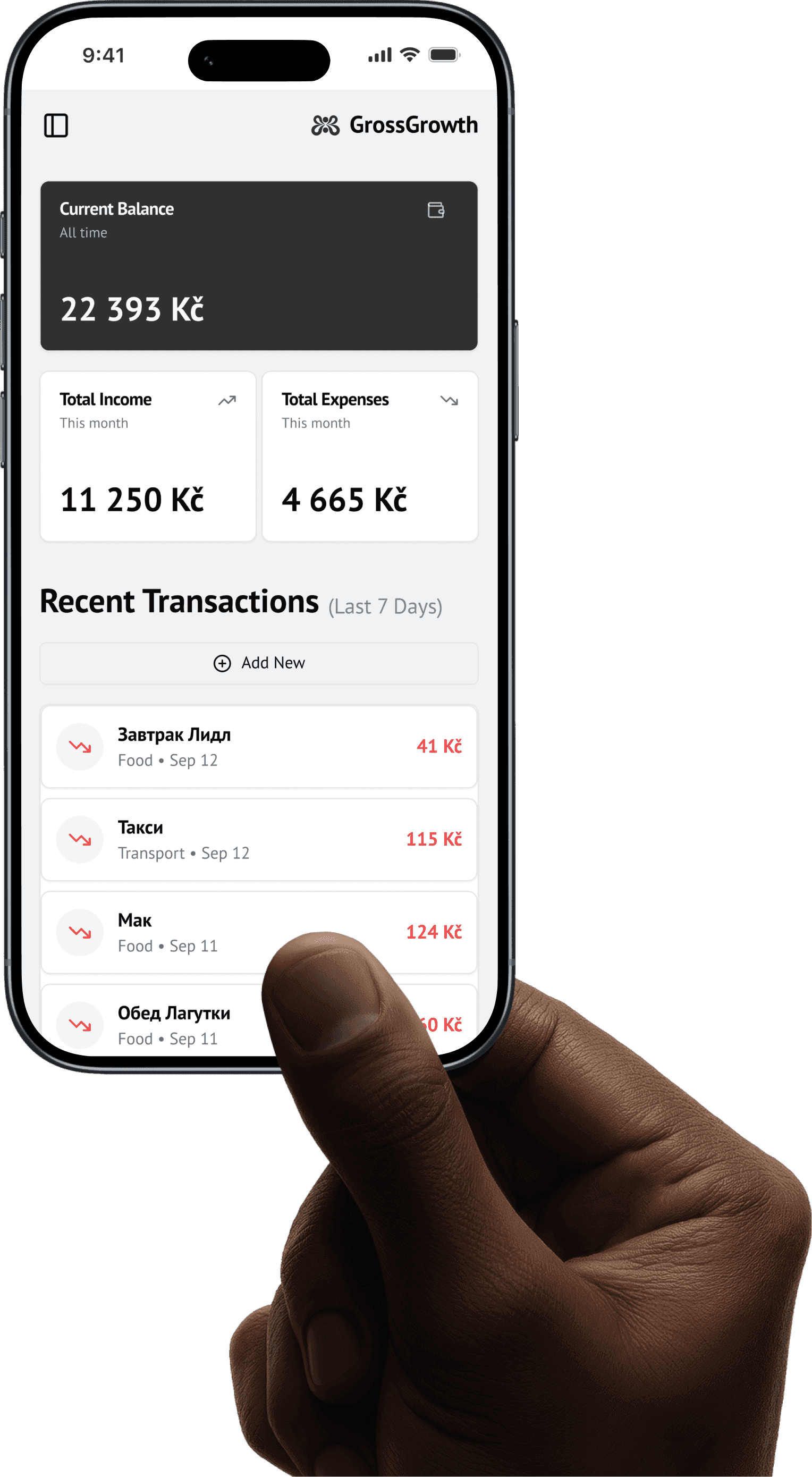 A hand holding GrossGrowth, with balance, income, expenses, and recent transactions
