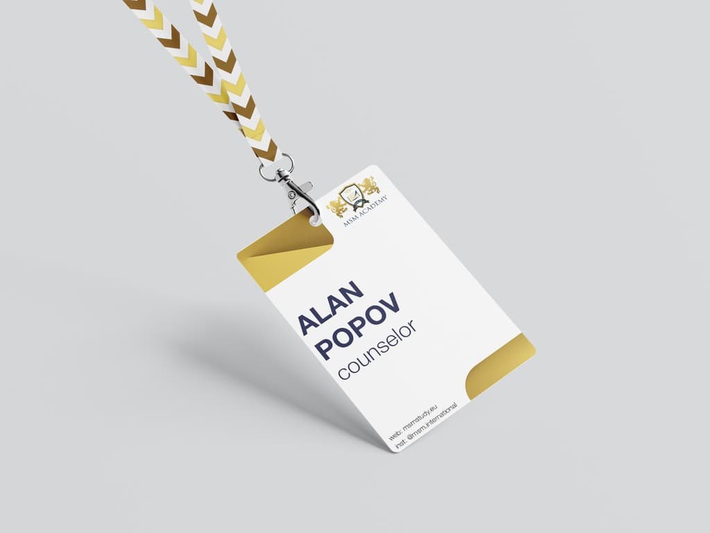 Staff badge and lanyard for Alan Popov, counselor