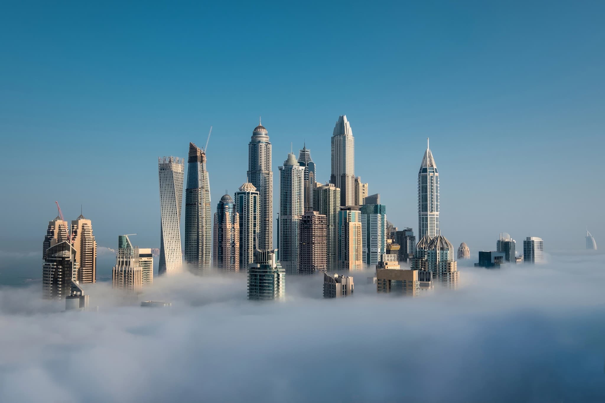 Dubai Marina skyline above the fog