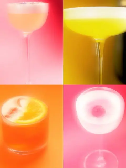 Four-up cocktail poster in pink, yellow, and orange