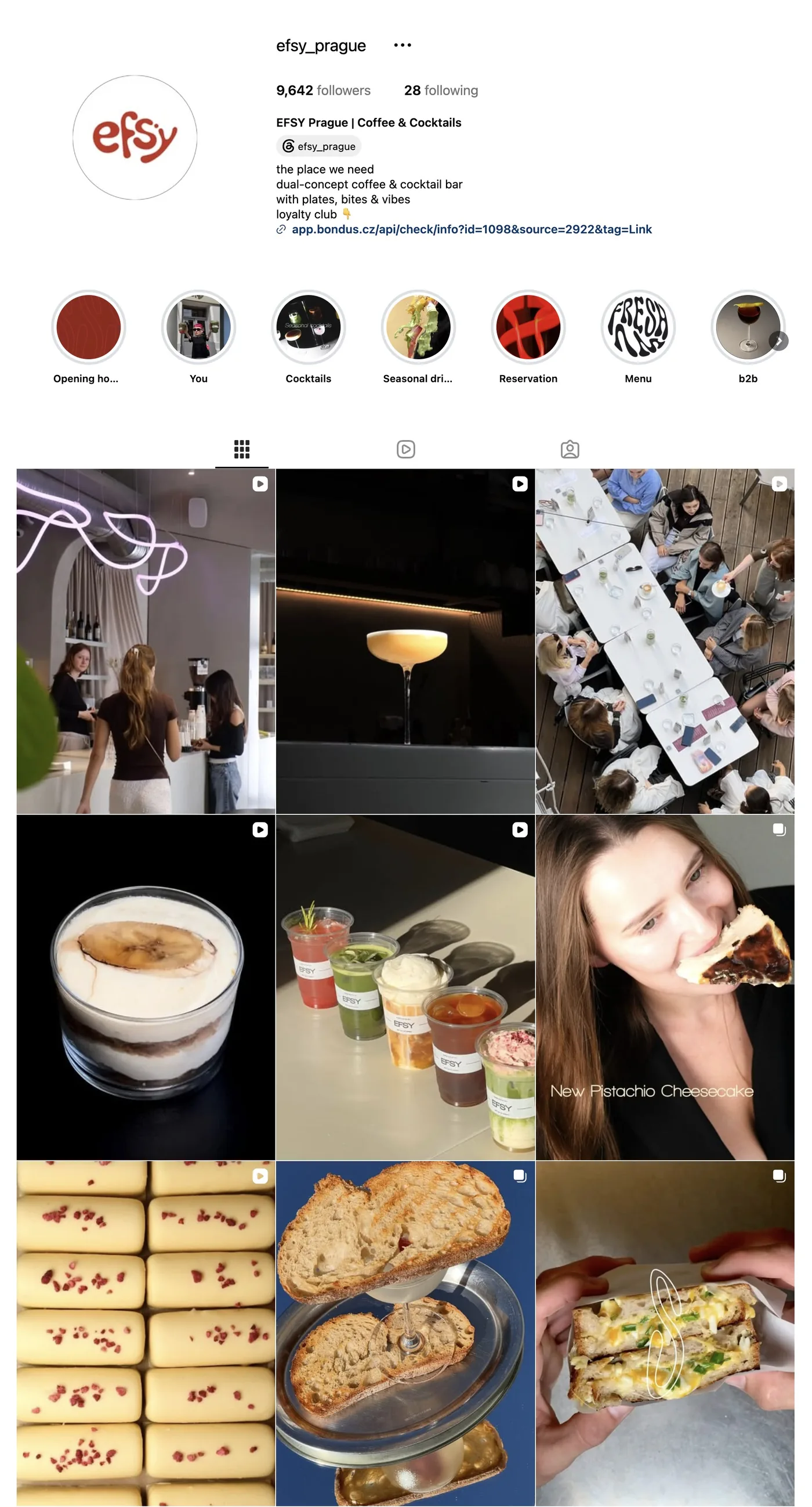 Instagram profile efsy_prague with highlight covers and feed